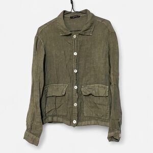 100% Linen Button Up Shirt / Jacket In Olive Green